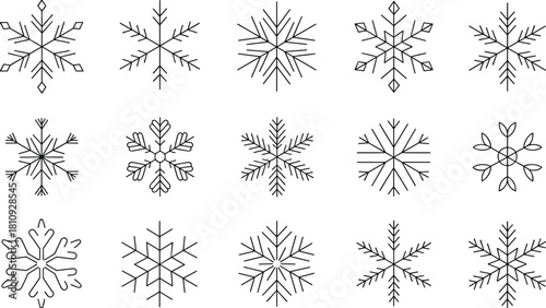 Set of 15 delicate line art snowflakes in black and white Keywords: snowflake, snow, winter, ice