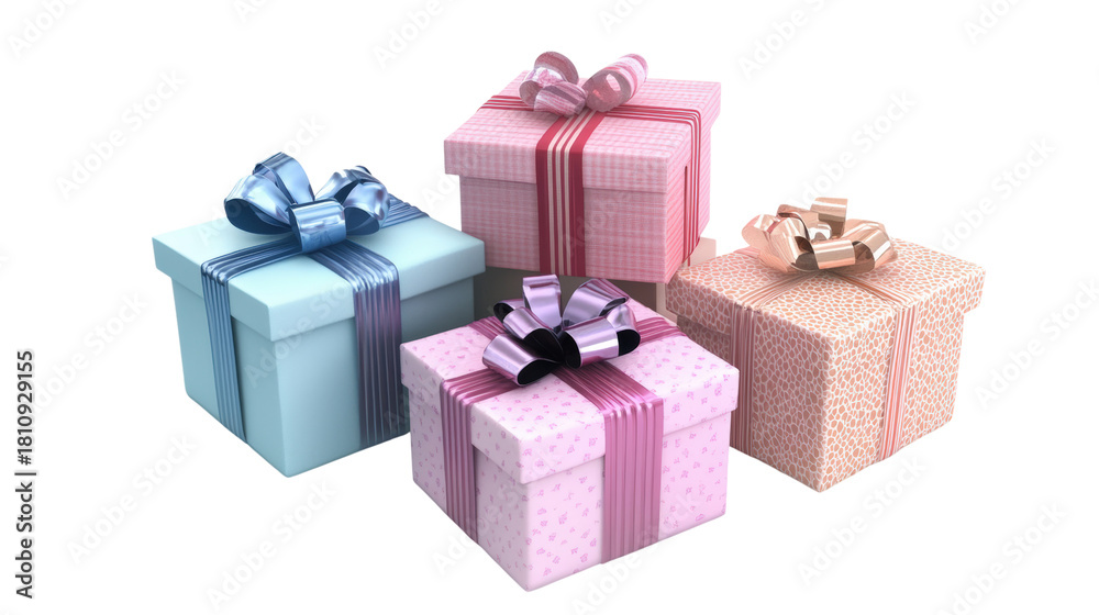 Fototapeta premium Four gift boxes with ribbons isolated on a transparent background