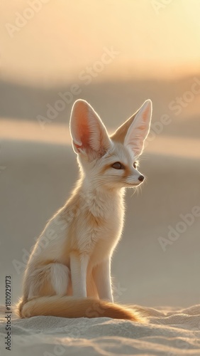 Fennec Fox Sitting in Desert Sand, Golden Hour Light