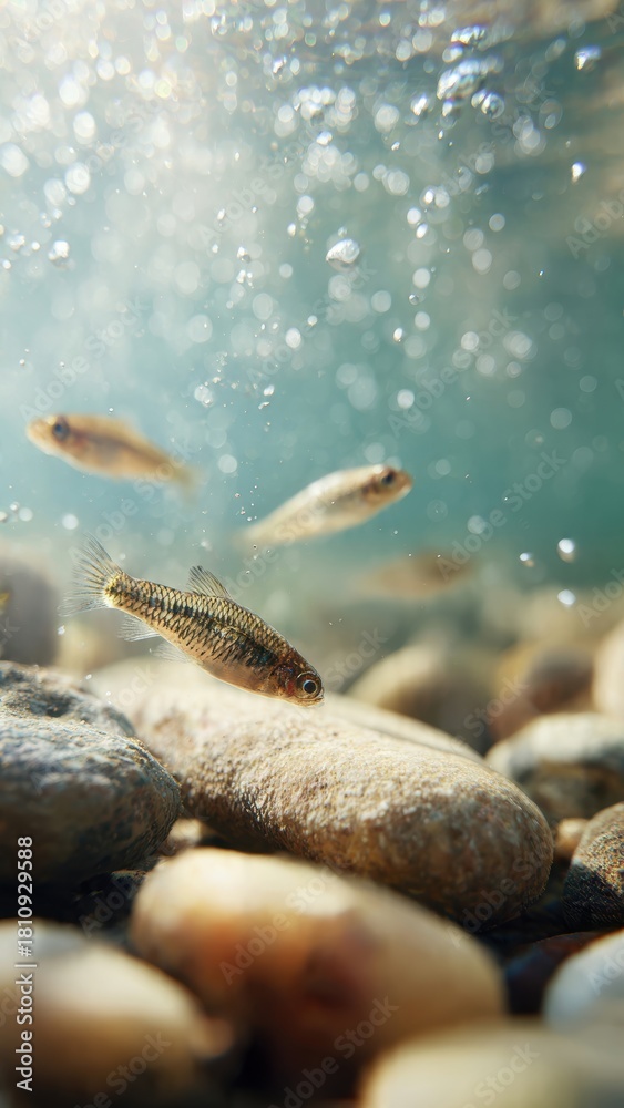 Obraz premium Small Fish Swimming Near Riverbed Rocks in Clear Fresh Water