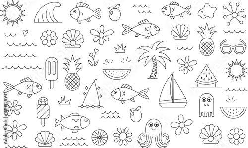 Whimsical Summer Icons and Elements in Outline Style vacation beach
