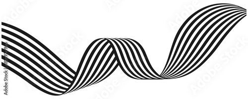A bold black striped ribbon curves in a flowing sine wave across a white canvas, conveying motion, rhythm, and modern abstraction suitable for design, graphic art