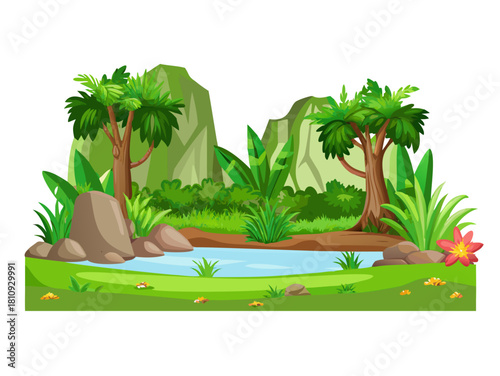 beautiful cartoon jungle Landscape Scenery background illustration icon
