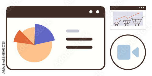 Data dashboard featuring pie chart, e-commerce graph, text details, and camera icon. Ideal for analytics, data management, online shopping, business insights, reports video content and simplicity
