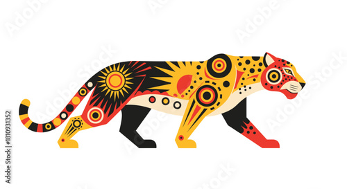 Vibrant abstract jaguar illustration bursts with bold geometric patterns and sun motifs, evoking power and wild energy for modern designs.
