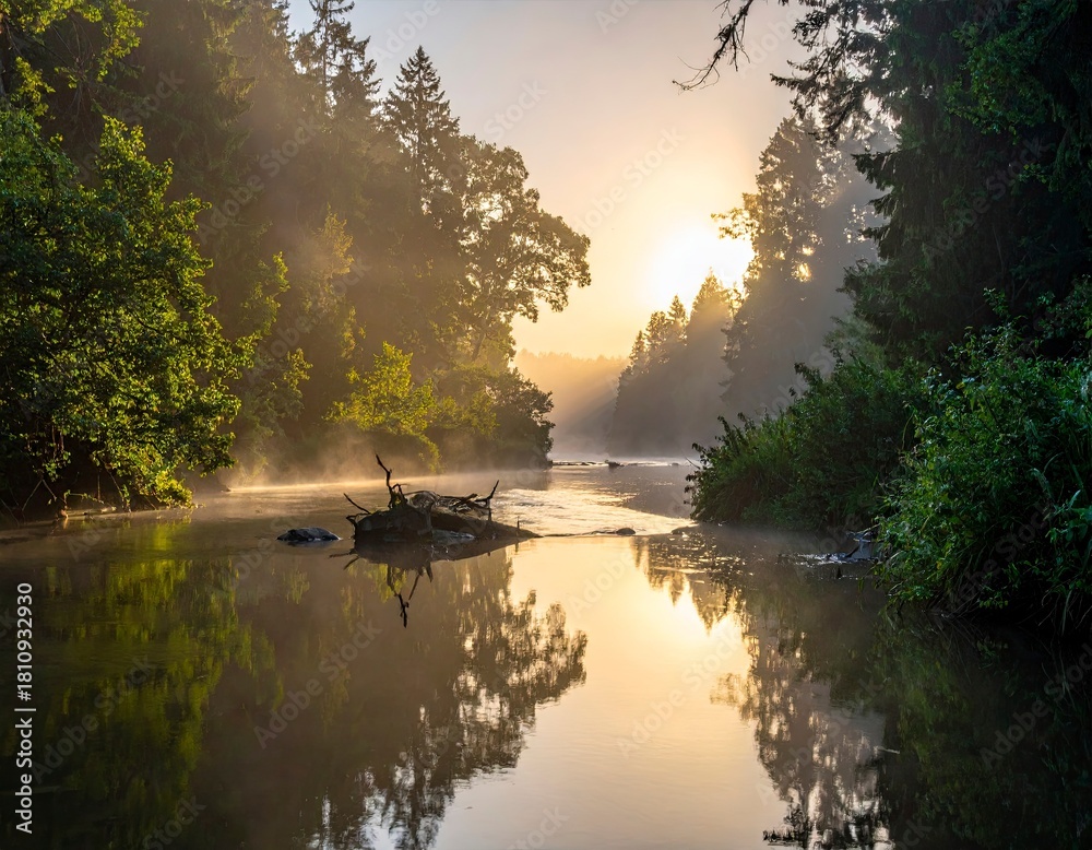 Obraz premium Serene River Scene at Sunrise with Fog and Reflections.