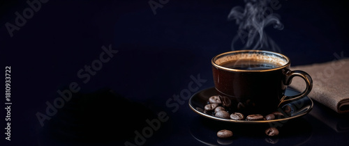 Freshly brewed coffee steaming in a cup on luxurious dark background with copy space for text