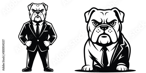 Full-body Pitbull dog wearing a business suit with an angry expression — corporate enterprise, entrepreneurship, management, and finance line art vector perfect for office and business-themed illustra