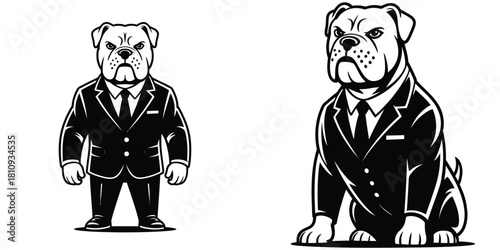 Angry Pitbull dog in business suit full-body vector — suitable for corporate clipart, business and finance illustrations, entrepreneurship concepts, and humorous office artwork.