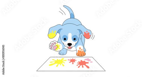 Playful blue puppy with colorful paw prints creates art on paper, bringing joy and creativity to any project.