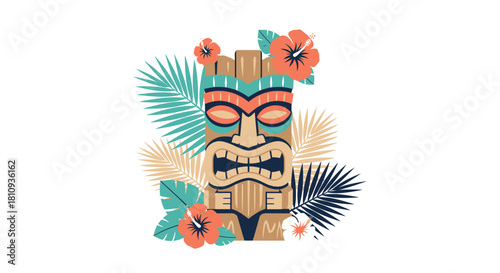 Vibrant Tiki mask with tropical hibiscus flowers and lush palm leaves evokes a fun, exotic, and celebratory island vibe perfect for summer and vacation themes.