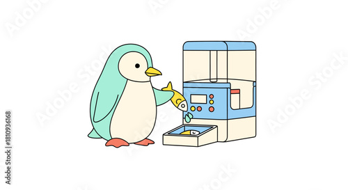 Adorable cartoon penguin happily feeding fish from automatic dispenser in a bright, clean setting