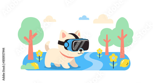Adorable dog wearing virtual reality headset explores a whimsical, colorful park filled with playful elements and bright skies