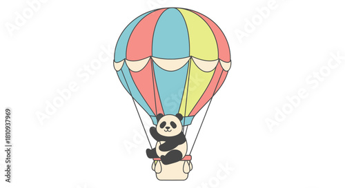 Adorable panda waving from a colorful hot air balloon, inviting adventure and joy for children's designs and whimsical themes