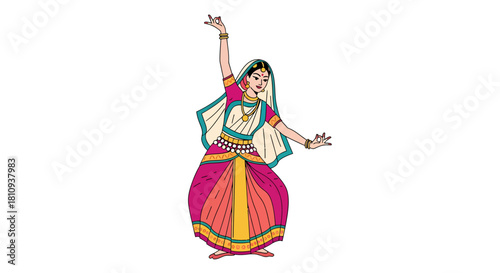 Graceful Indian dancer in vibrant traditional costume performing classical Bharatanatyam.
