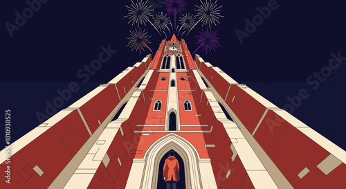 A solitary figure in a red coat stands before a majestic gothic brick tower, illuminated by a vibrant fireworks display against the dark night sky.
