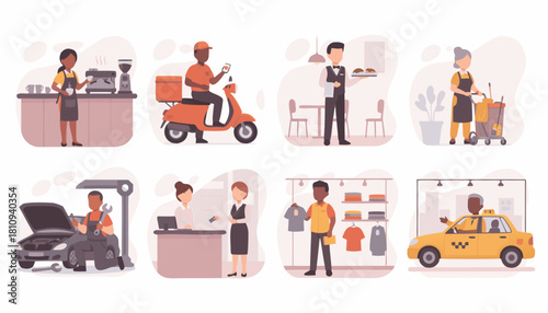 Various Service Industry Workers in Everyday Jobs
