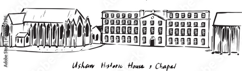Stately Ushaw House sketch — black and white artwork. Hand-drawn sketch of the Georgian-style house, emphasizing windows and symmetry. Simplified ink sketch suitable for maps, brochures