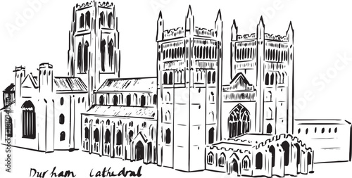 Ink drawing of Durham Cathedral — Romanesque masterpiece. Detailed pen illustration of the cathedral facade, showcasing towers, arches, and medieval craftsmanship. ideal for history resources.
