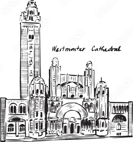 A bold ink architectural sketch of Westminster Cathedral, highlighting its neo-Byzantine domes, striped brickwork, central tower, and dramatic façade in expressive hand-drawn line art.