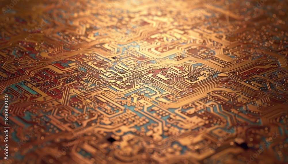 Fototapeta premium Detailed Close Up of a Complex Golden Circuit Board Pattern