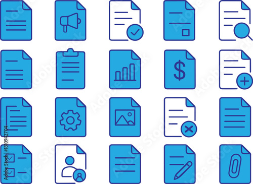 A collection of blue line document icons, representing various file and paperwork concepts, perfect for web design, app interfaces, and user-friendly interface elements
