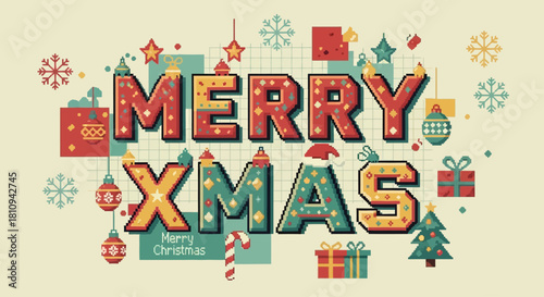Retro Pixel Christmas Lettering Flat Background