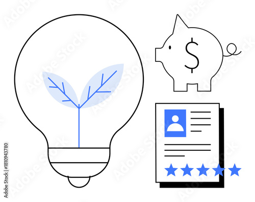 Light bulb with plant inside, piggy bank with dollar symbol, and star-rated resume. Ideal for themes such as sustainability, finance, growth, recruitment, savings, innovation and success strategies