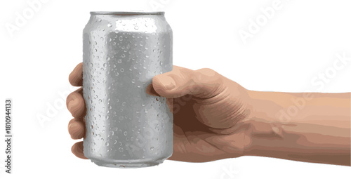 Hand holding a cold silver soda or beer can with water drops. Beverage mockup