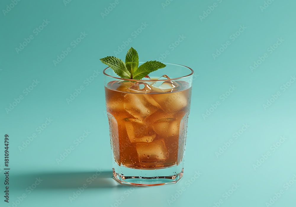 Fototapeta premium Refreshing iced tea with mint sprig against turquoise background