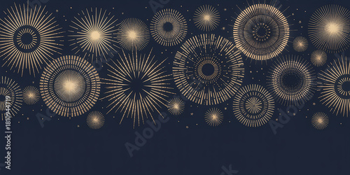 Golden abstract starburst and circular patterns on a dark navy blue background image photo