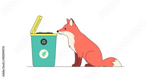 Adorable fox curiously investigates recycling bin, promoting eco friendly habits and environmental awareness in a playful, engaging style illustration