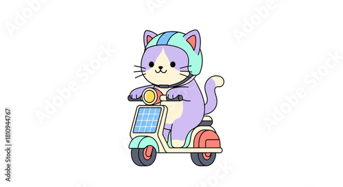 Cute cartoon cat on a solar powered scooter with a safety helmet, ideal for children’s illustrations, sustainability themes, eco friendly projects, educational materials, and playful design concepts