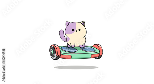 Cute cartoon cat riding a solar-powered hoverboard, ideal for children’s illustrations, eco-friendly themes, futuristic concepts, and playful designs.