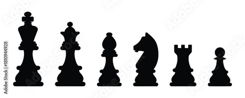 chess, chess pieces, king, queen, bishop, knight, rook, pawn, game, strategy, board game, silhouette, black, icon, symbol, illustration, graphic, design, isolated, white background, set, collection