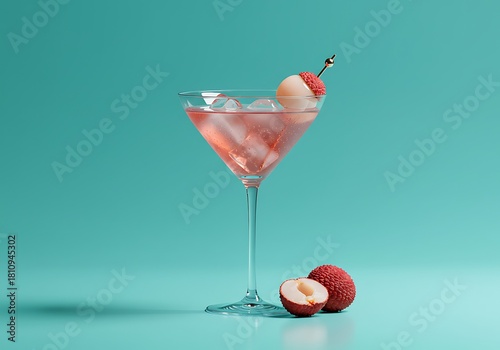 Refreshing lychee martini cocktail with ice and fruit on turquoise background