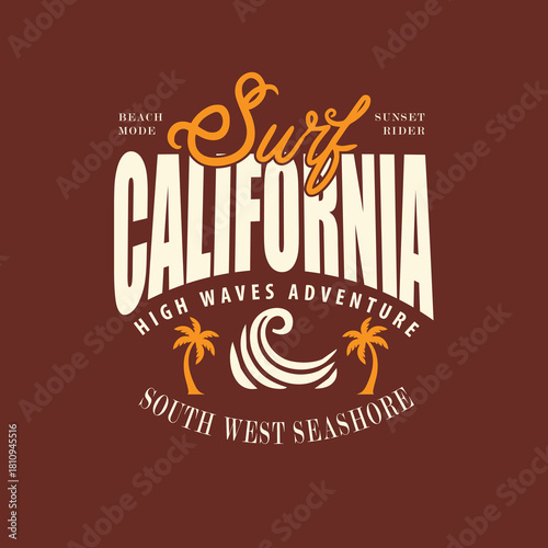 Surf california south west seashore high wave graphic design retro typography.eps