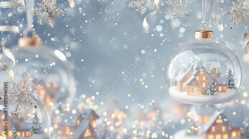 Sparkling Snowflake and Glass Ornament Christmas Background, Miniature Snow-Covered Village, Twinkling Lights and Soft Focus, Great for Seasonal Greetings, Cards, and Event Decor.