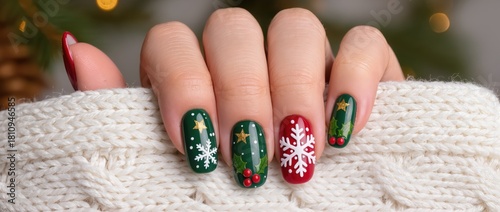 Hand in a white sweater shows a festive manicure with snowflakes and holly.