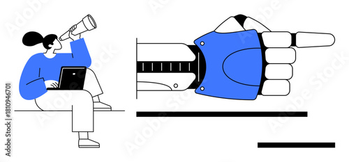 Robotic hand pointing forward beside a woman using a laptop and looking through a telescope. Ideal for AI, robotics, innovation, technology, future trends, human collaboration, exploration. Simple