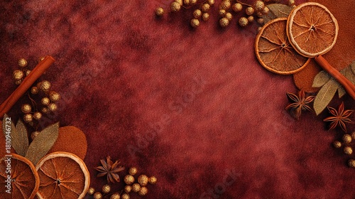 Warm Gradient Christmas Background Transitioning from Deep Burgundy to Gold, Featuring Dried Citrus, Cinnamon, Golden Berries, Suitable for Holiday Cards and Seasonal Invitations.