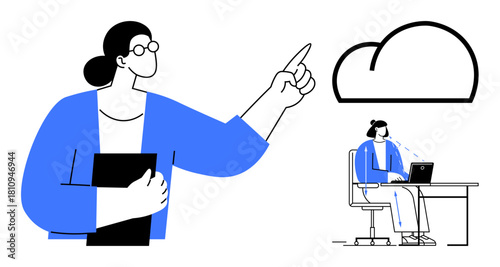 Cloud computing concept. Cloud technology illustrated with professionals utilizing digital platforms for collaboration and productivity. Cloud computing driving innovative workspace solutions. Ideal