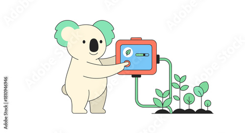 Adorable koala using smart irrigation system for sustainable gardening, promoting eco friendly practices and green technology for environmental conservation
