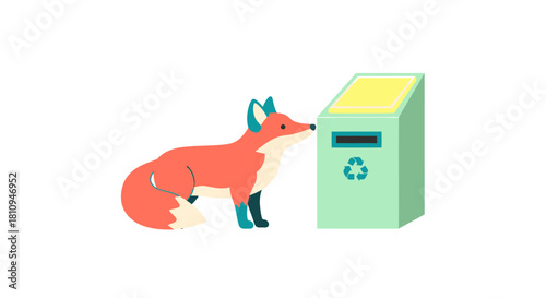 Adorable fox curiously exploring a modern solar powered recycling bin, promoting environmental awareness and clean energy solutions for a sustainable future