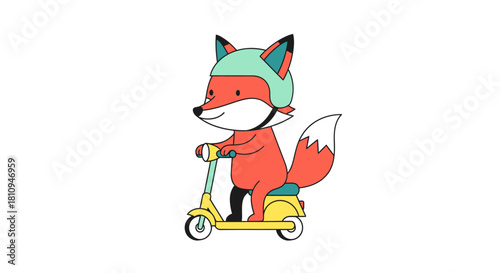 Delightful fox cartoon character enjoying a scooter ride with helmet for safety, perfect for children's books and educational illustrations