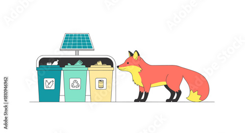 Fox looking at solar powered recycling bins encourages eco friendly habits and sustainable living for a cleaner planet, embracing environmental awareness