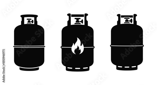 Three black propane tanks one with a flame silhouetted against a white background