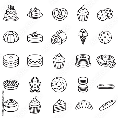 This is a black and white line art collection featuring 25 different icons of common desserts and baked goods. The set includes various cakes, cookies, pastries, bread, and ice cream, making it a vers