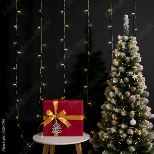 Christmas tree with lights and a red gift box on a white table