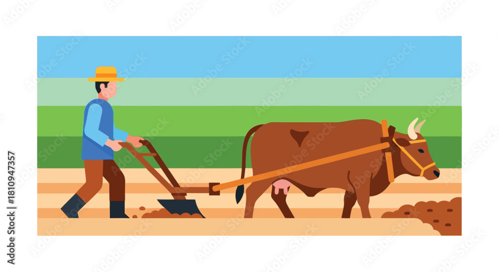 Obraz premium A farmer plowing a field with an ox in a rural landscape